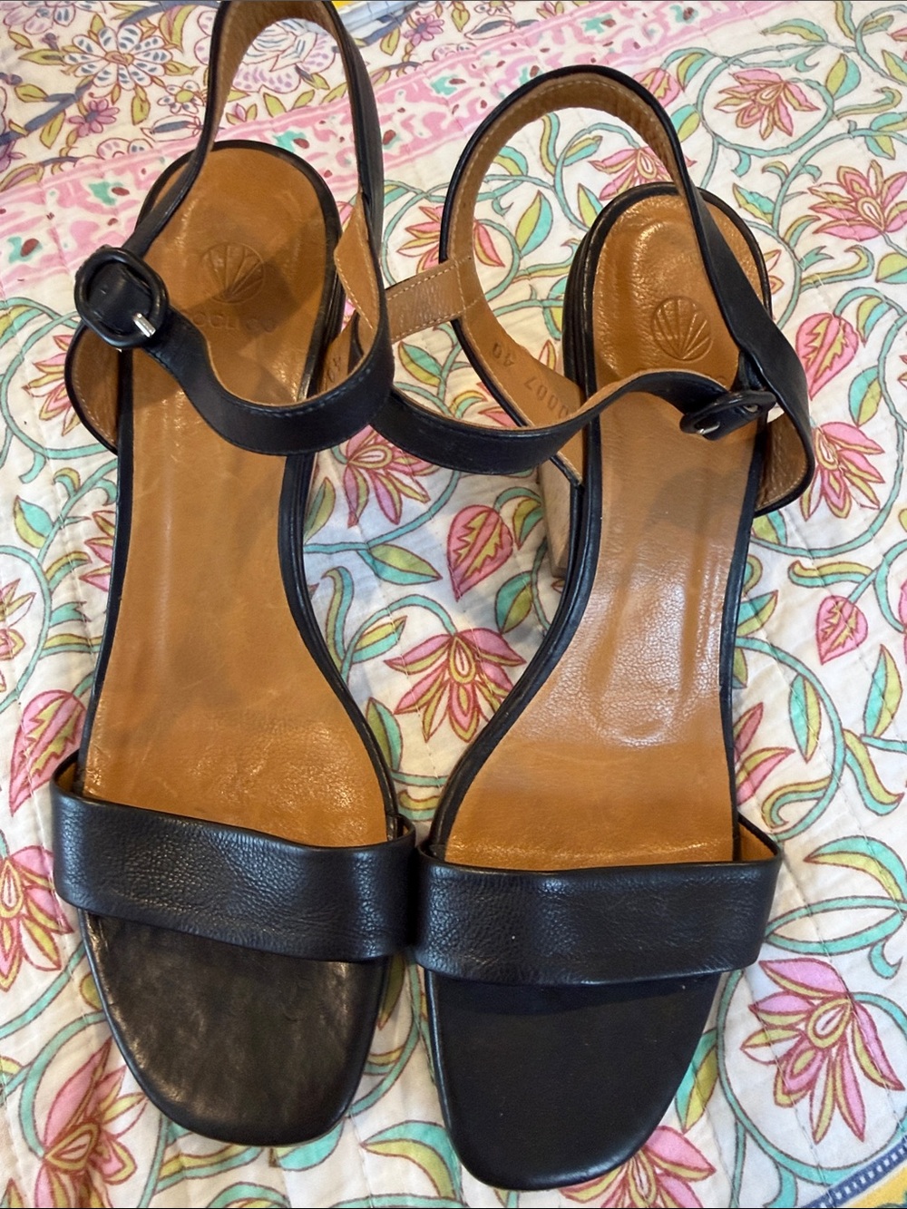 COCLICO Black Leather Ankle-Strap Heels with Tan Insole